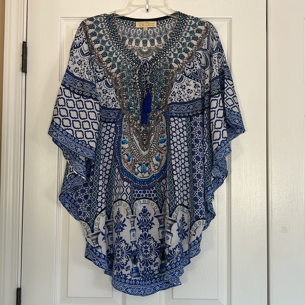Blue and White Embellished Asymmetrical Tunic with Dolman Sleeves One Size NWOT